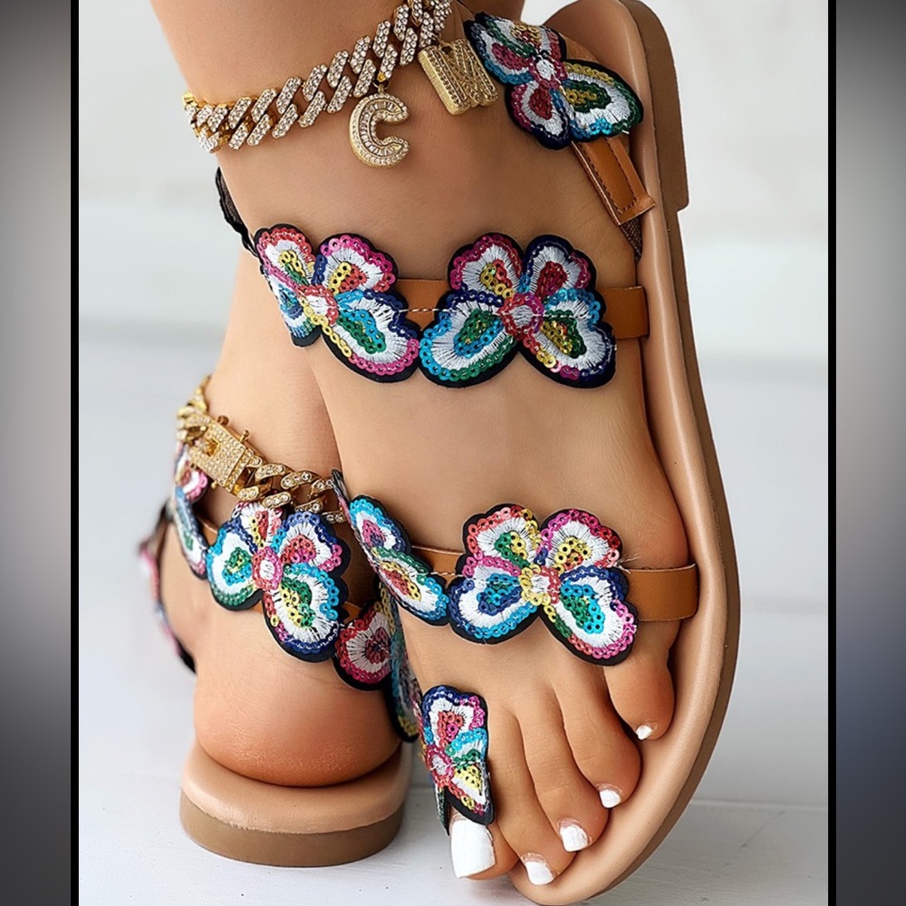Colorful Rainbow Sequin Embroidery Butterfly Sandals
